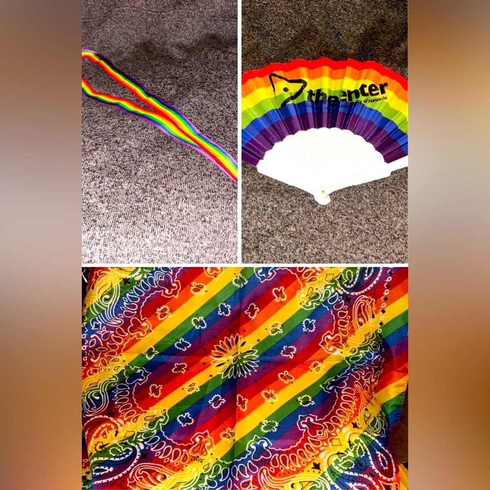 New LGBTQ Rainbow Bandana, Branded Rainbow Fan, Branded Rainbow Lanyard